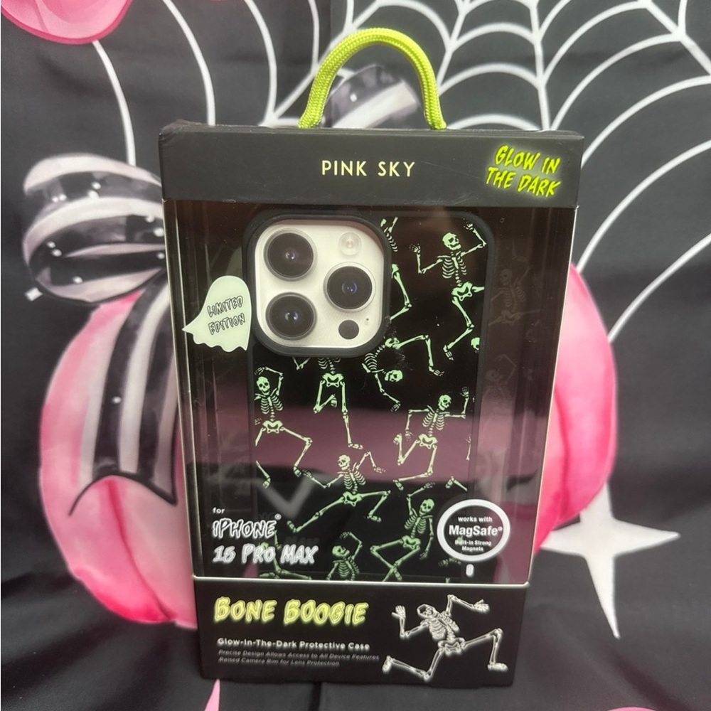 Pink Sky Bone Boogie Glow-in-the-Dark Skeleton iPhone 15 Pro Max Case MagSafe